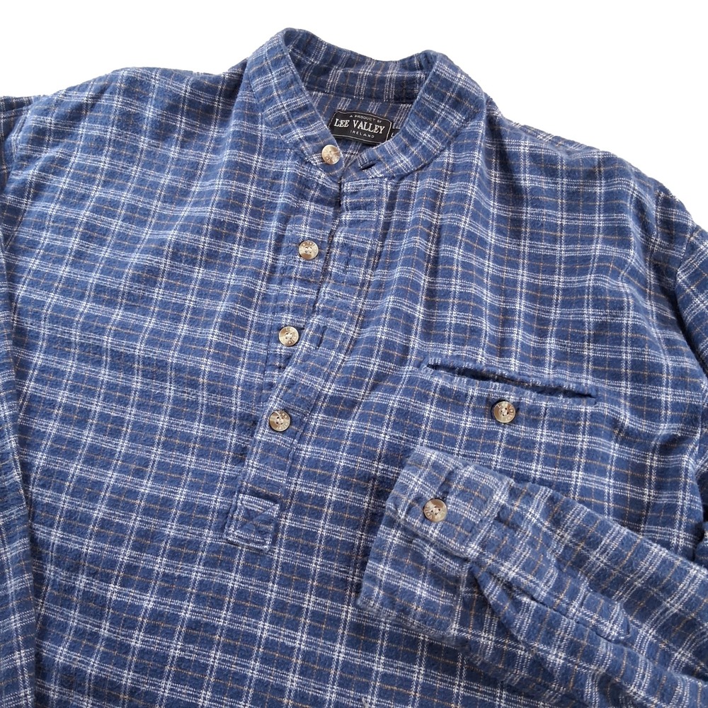 Lee Valley Flannel Shirt Men Large Blue Plaid Grandad Collar Irish Cotton